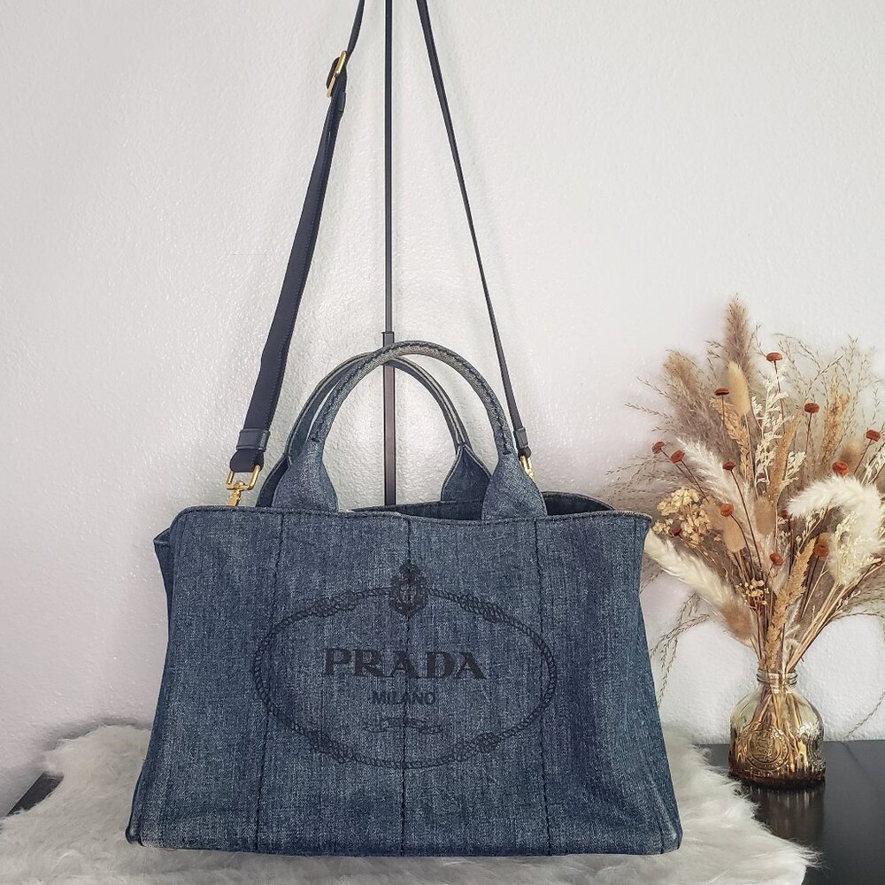 Prada Two-Way Canapa Tote - Blue Denim w/ Original Crossbody Strap & COA
